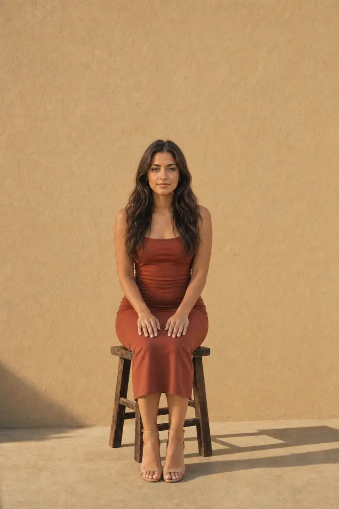 The same woman seated squarely on a stool against a stucco wall, hands on her thighs.